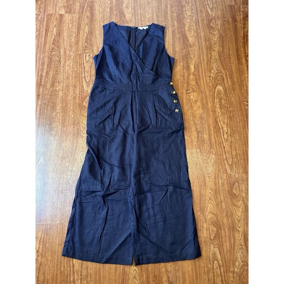 Boden Dorothea Linen Blend Cropped Wrap Jumpsuit Navy Blue Sz 12R V-Neck Button - Picture 1 of 8